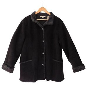 LL Bean Sherpa Lined Faux Suede Shearling Jacket Black Buttons‎ Petite size XL